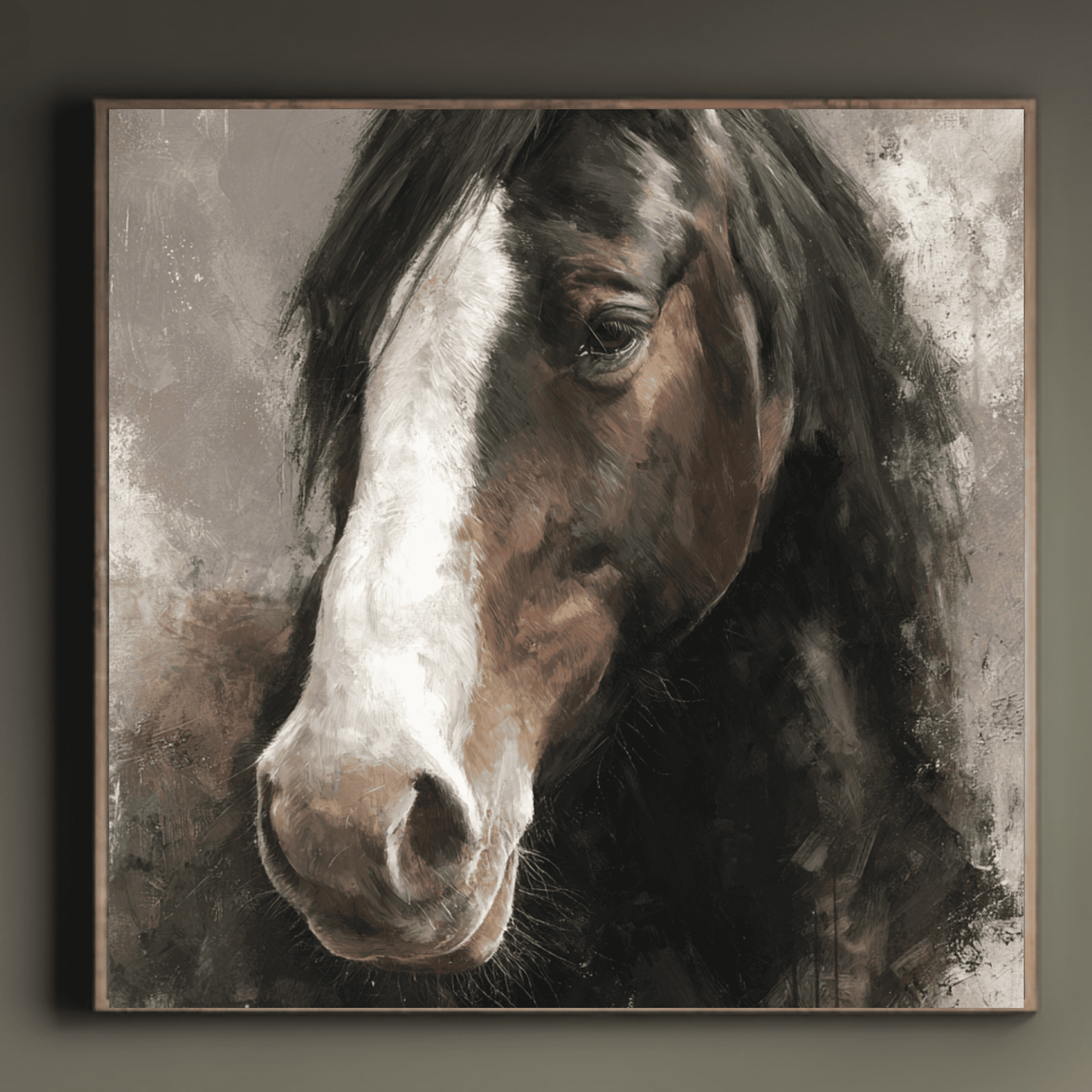 Brown Horse Portrait Painting, Elegant Equine Wall Art, Rustic Horse Canvas Print, Modern Farmhouse Home Decor, Contemporary Animal Artwork