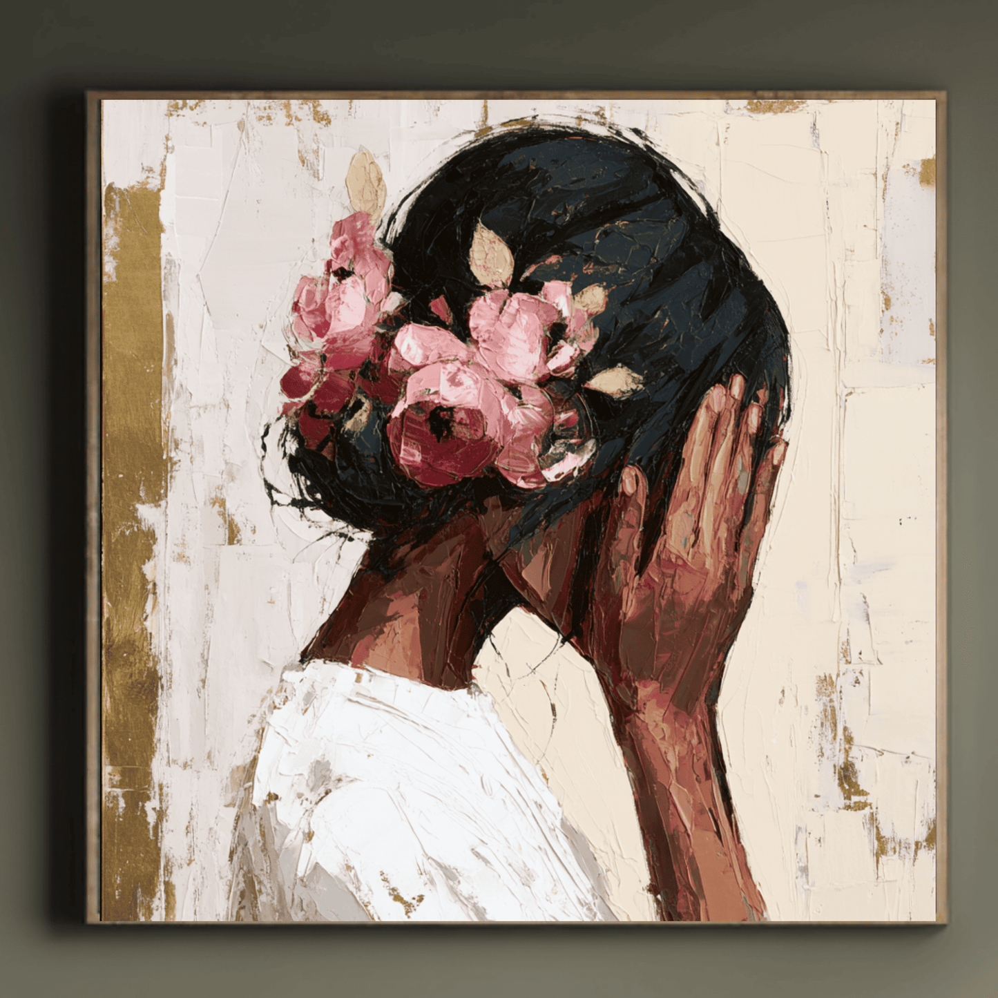 Dark Skin Woman Portrait Art, Elegant Feminine Canvas Print, Modern Textured Wall Art, Contemporary Black Woman Home Decor, Abstract Floral Portrait Artwork