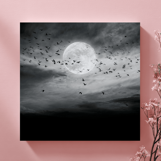 Full Moon Grayscale Wall Art, Dark Night Sky Canvas Print, Black White Moon Poster, Moody Celestial Home Decor, Contemporary Moonlight Artwork