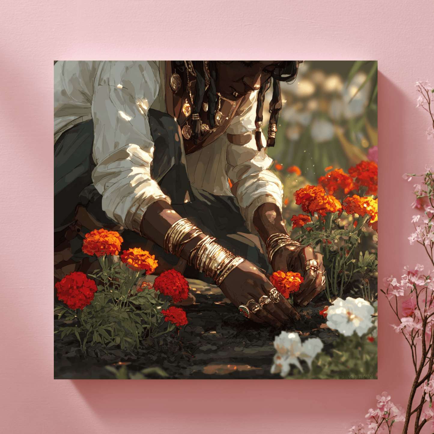 Woman Planting Flowers Wall Art, Warm Floral Nature Canvas Print, Elegant Feminine Garden Artwork, Contemporary Botanical Home Decor, Rustic Nature Poster