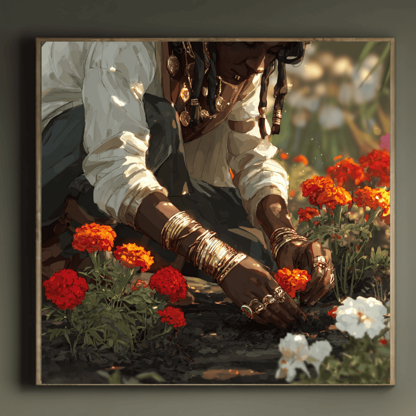 Woman Planting Flowers Wall Art, Warm Floral Nature Canvas Print, Elegant Feminine Garden Artwork, Contemporary Botanical Home Decor, Rustic Nature Poster