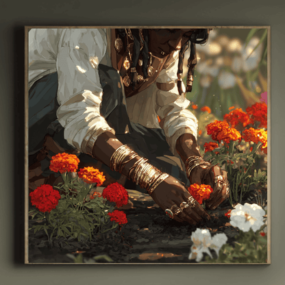 Woman Planting Flowers Wall Art, Warm Floral Nature Canvas Print, Elegant Feminine Garden Artwork, Contemporary Botanical Home Decor, Rustic Nature Poster