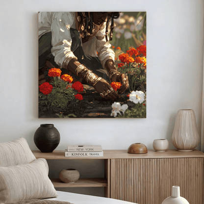 Woman Planting Flowers Wall Art, Warm Floral Nature Canvas Print, Elegant Feminine Garden Artwork, Contemporary Botanical Home Decor, Rustic Nature Poster