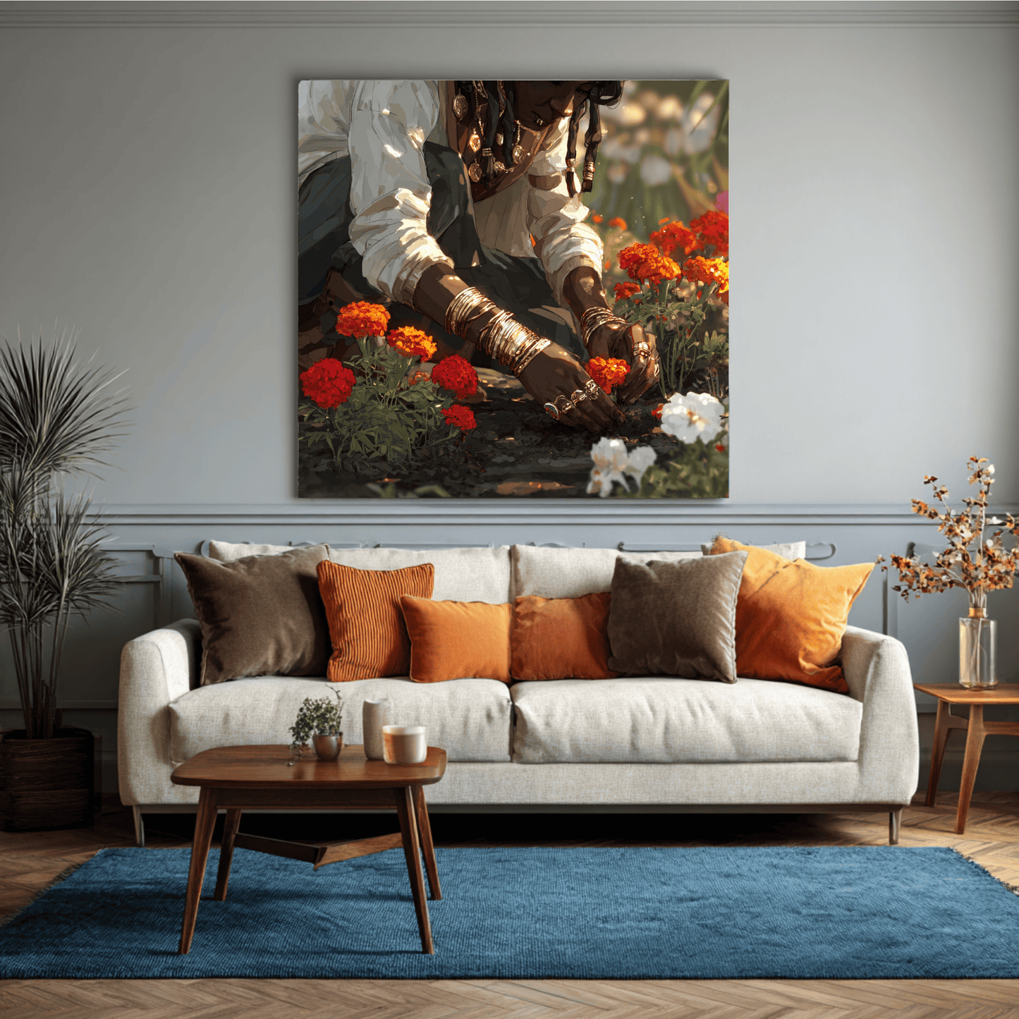 Woman Planting Flowers Wall Art, Warm Floral Nature Canvas Print, Elegant Feminine Garden Artwork, Contemporary Botanical Home Decor, Rustic Nature Poster