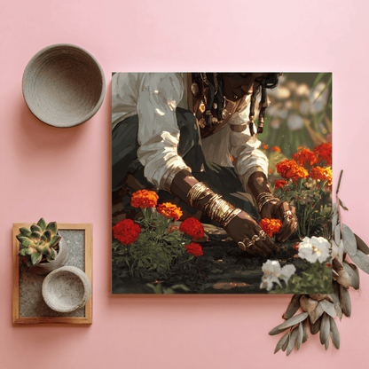 Woman Planting Flowers Wall Art, Warm Floral Nature Canvas Print, Elegant Feminine Garden Artwork, Contemporary Botanical Home Decor, Rustic Nature Poster