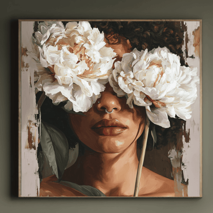 Black Woman Floral Portrait Art, Elegant Feminine Canvas Print, Modern Flower Face Wall Art, Contemporary Beauty Home Decor, Abstract Portrait Artwork