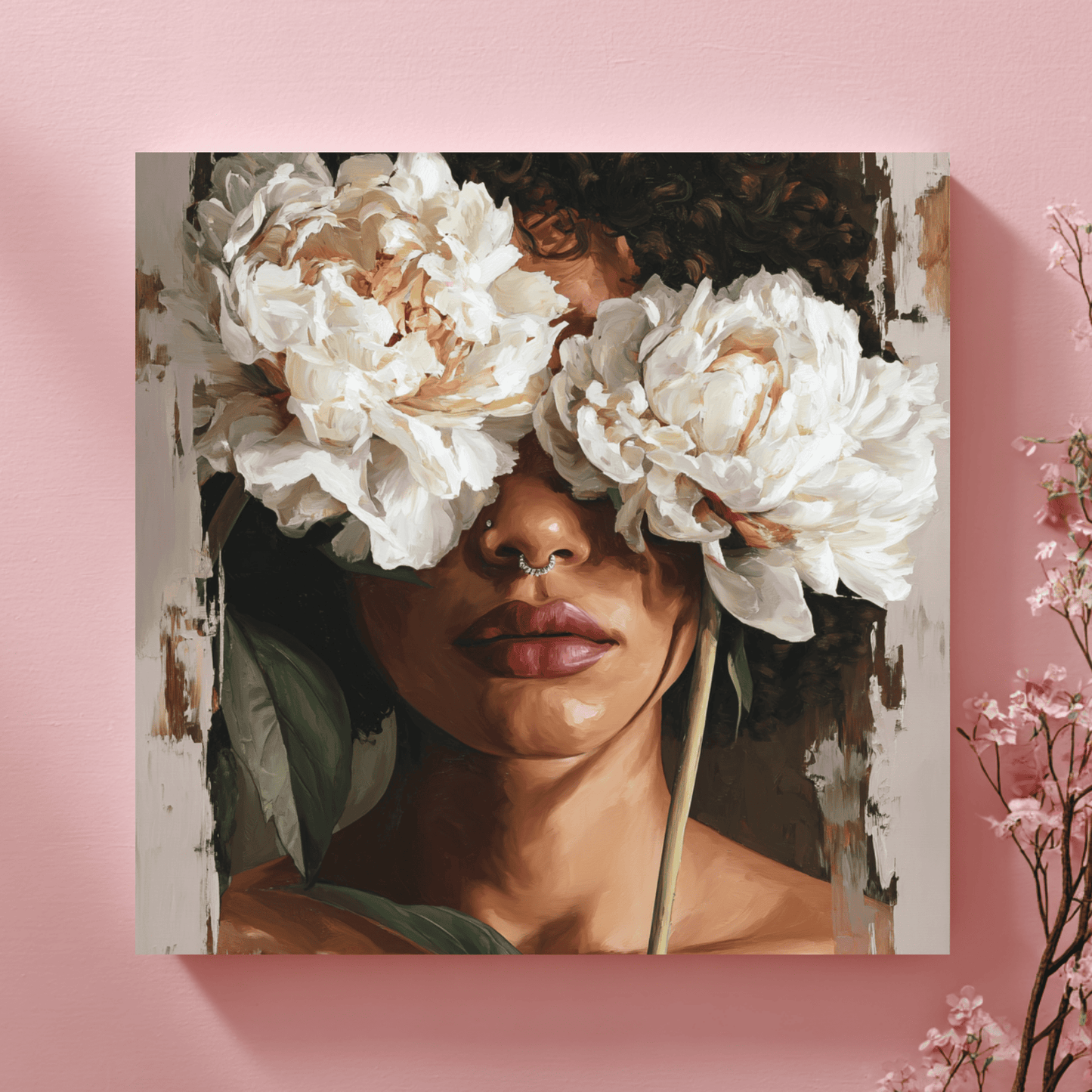 Black Woman Floral Portrait Art, Elegant Feminine Canvas Print, Modern Flower Face Wall Art, Contemporary Beauty Home Decor, Abstract Portrait Artwork