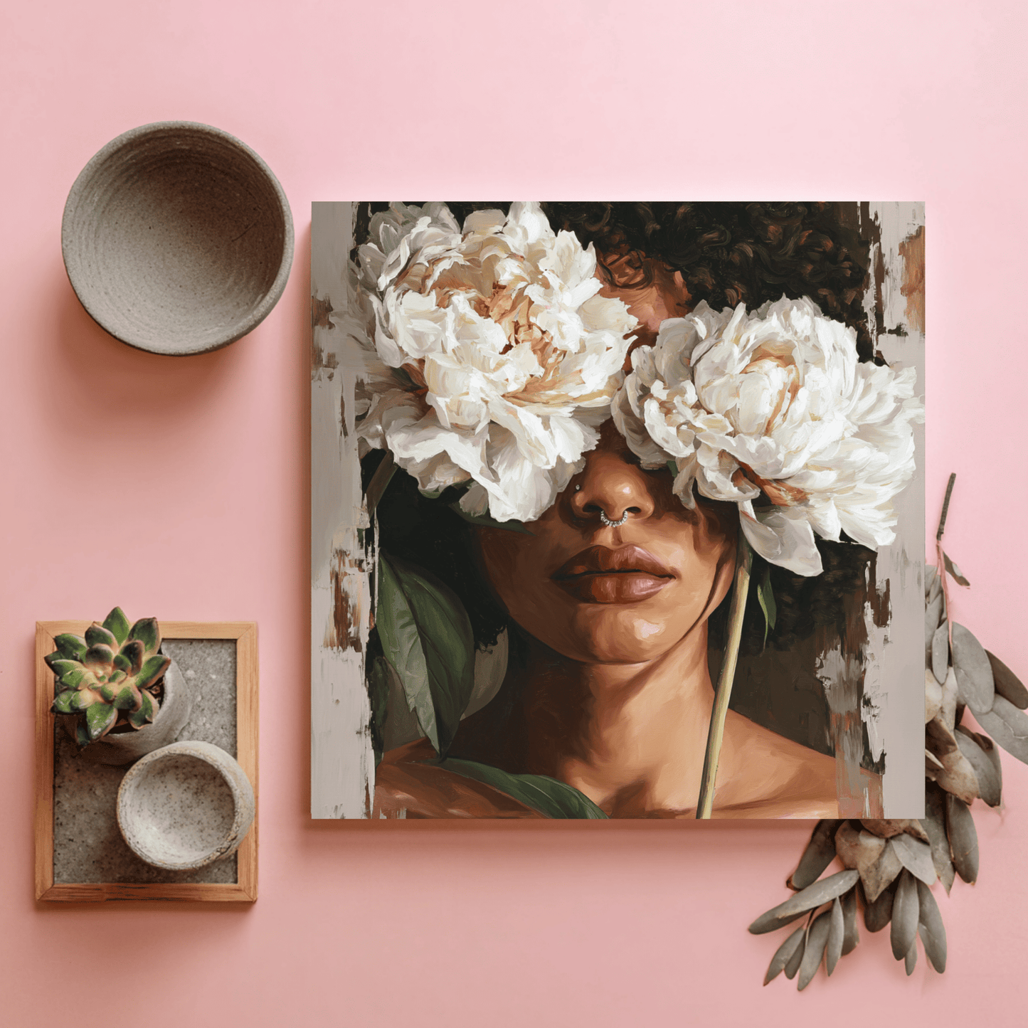 Black Woman Floral Portrait Art, Elegant Feminine Canvas Print, Modern Flower Face Wall Art, Contemporary Beauty Home Decor, Abstract Portrait Artwork