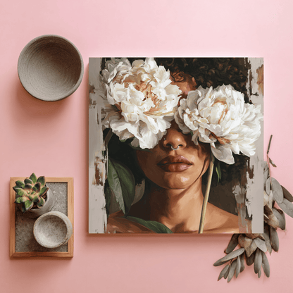 Black Woman Floral Portrait Art, Elegant Feminine Canvas Print, Modern Flower Face Wall Art, Contemporary Beauty Home Decor, Abstract Portrait Artwork