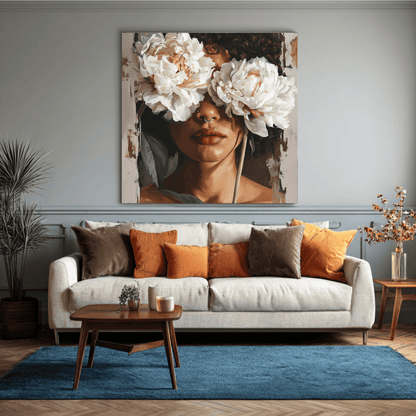 Black Woman Floral Portrait Art, Elegant Feminine Canvas Print, Modern Flower Face Wall Art, Contemporary Beauty Home Decor, Abstract Portrait Artwork