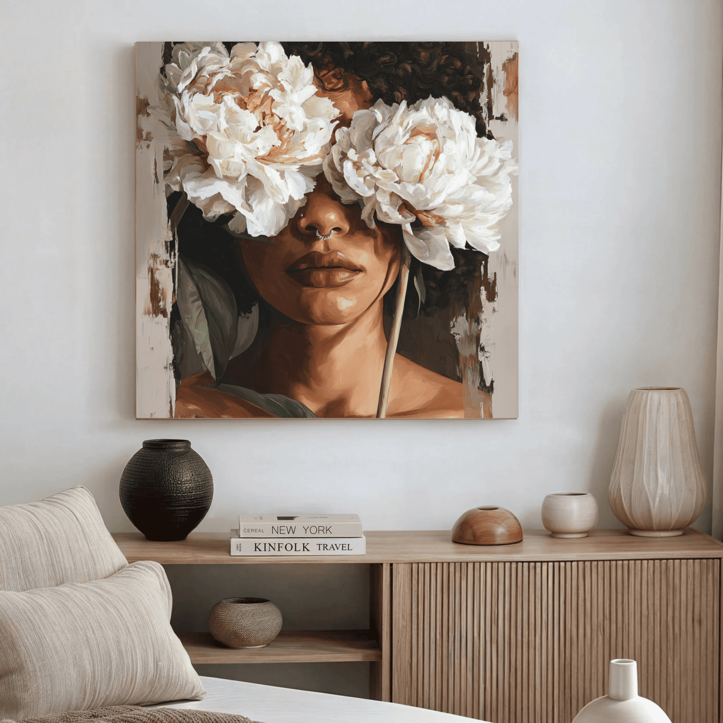 Black Woman Floral Portrait Art, Elegant Feminine Canvas Print, Modern Flower Face Wall Art, Contemporary Beauty Home Decor, Abstract Portrait Artwork
