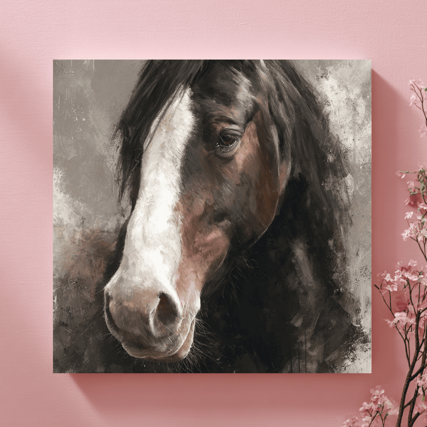 Brown Horse Portrait Painting, Elegant Equine Wall Art, Rustic Horse Canvas Print, Modern Farmhouse Home Decor, Contemporary Animal Artwork