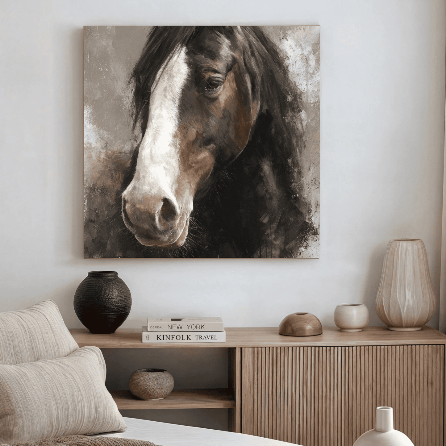 Brown Horse Portrait Painting, Elegant Equine Wall Art, Rustic Horse Canvas Print, Modern Farmhouse Home Decor, Contemporary Animal Artwork