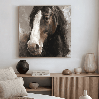 Brown Horse Portrait Painting, Elegant Equine Wall Art, Rustic Horse Canvas Print, Modern Farmhouse Home Decor, Contemporary Animal Artwork