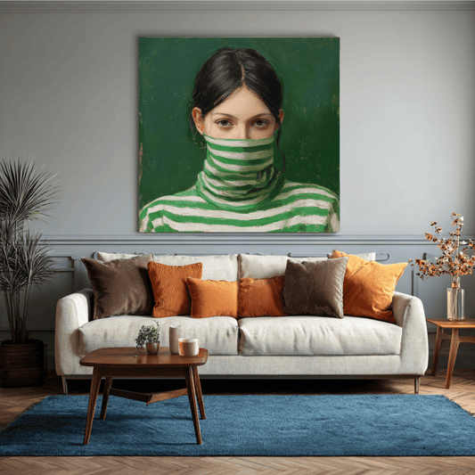 Dark Green Female Portrait Art, Modern Woman Canvas Print, Contemporary Abstract Girl Wall Art, Elegant Minimalist Home Decor, Artistic Portrait Artwork