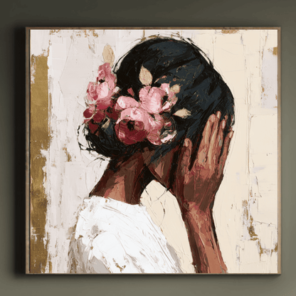 Dark Skin Woman Portrait Art, Elegant Feminine Canvas Print, Modern Textured Wall Art, Contemporary Black Woman Home Decor, Abstract Floral Portrait Artwork