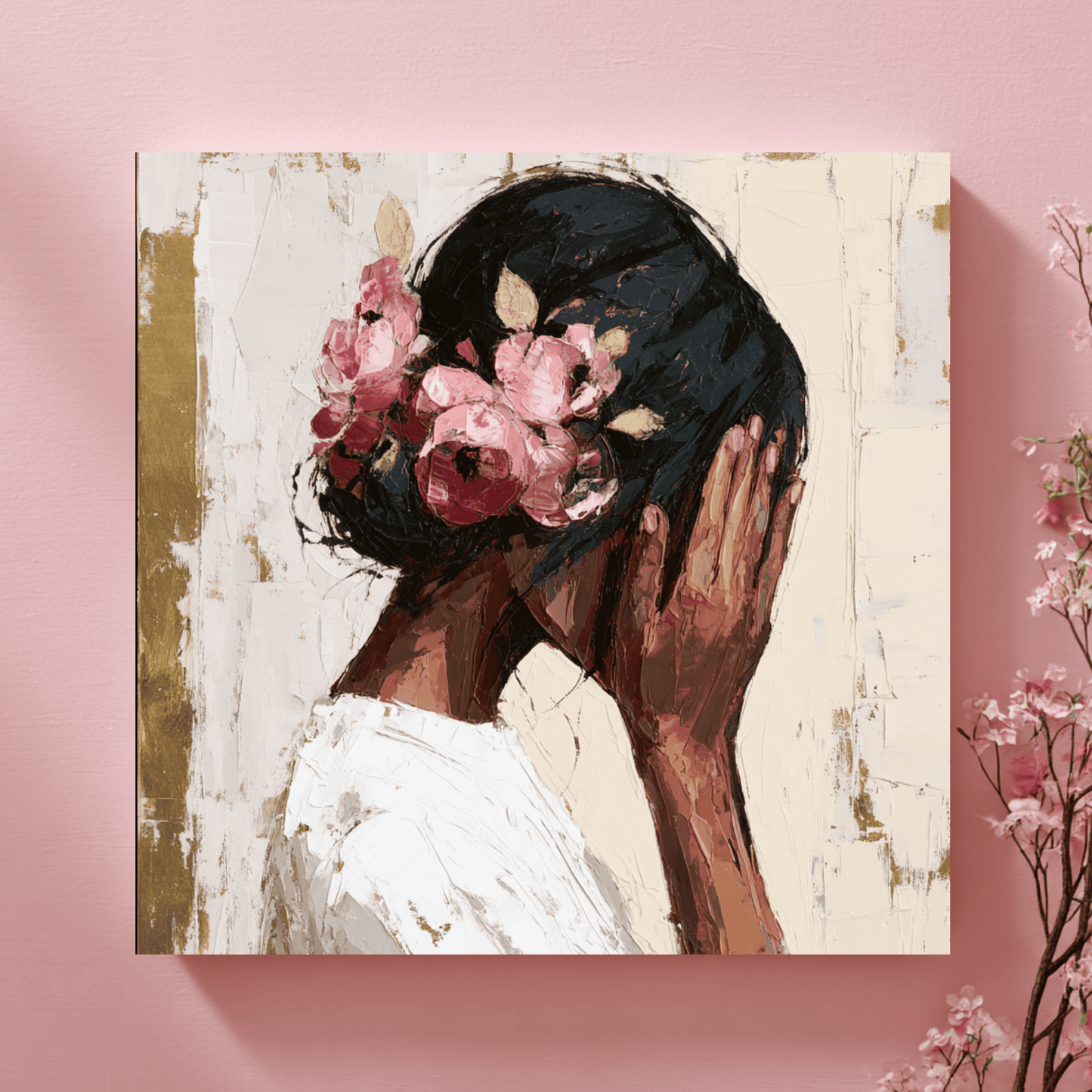 Dark Skin Woman Portrait Art, Elegant Feminine Canvas Print, Modern Textured Wall Art, Contemporary Black Woman Home Decor, Abstract Floral Portrait Artwork