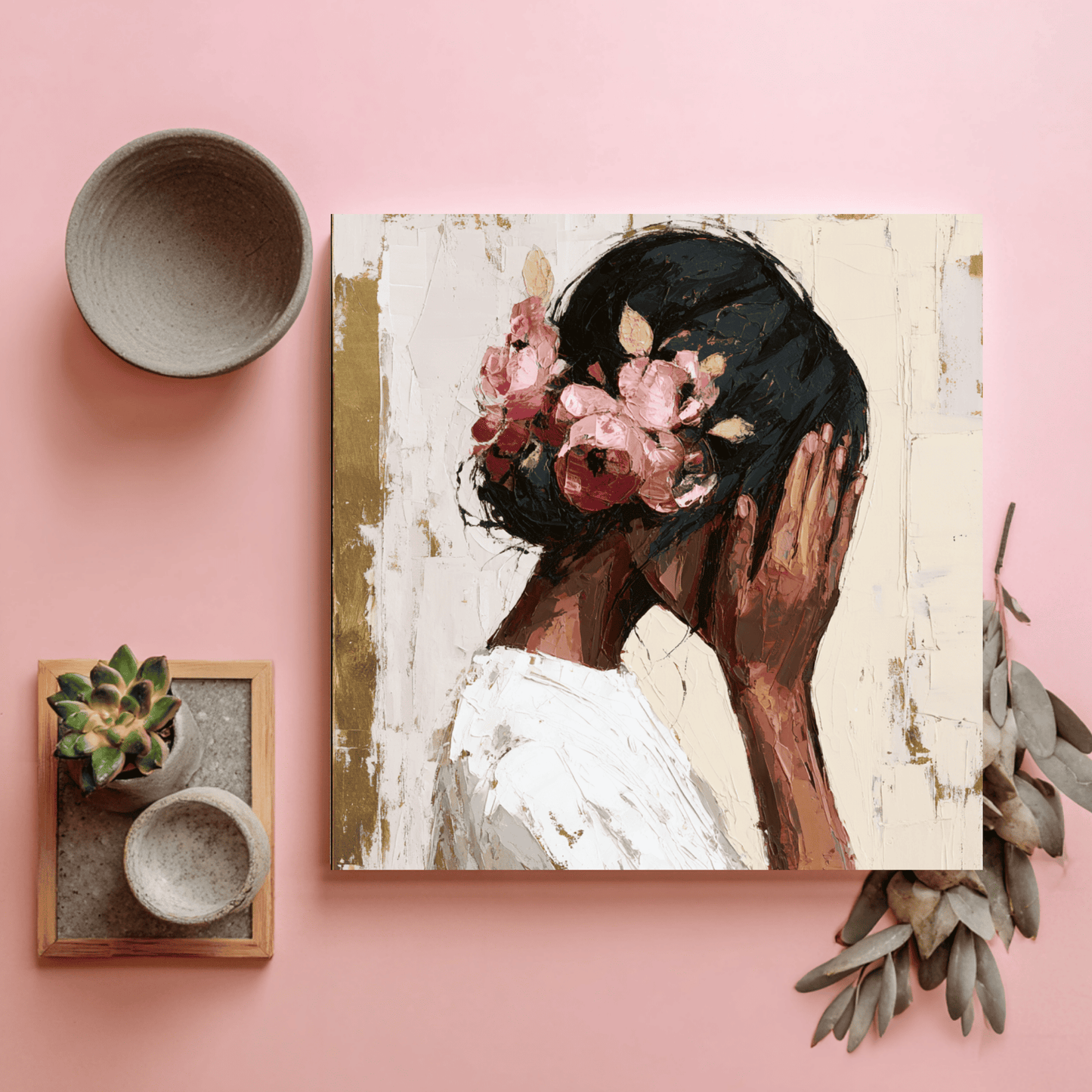 Dark Skin Woman Portrait Art, Elegant Feminine Canvas Print, Modern Textured Wall Art, Contemporary Black Woman Home Decor, Abstract Floral Portrait Artwork