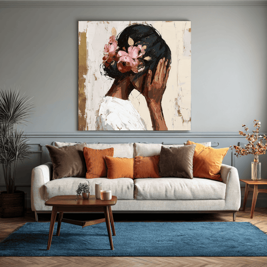 Dark Skin Woman Portrait Art, Elegant Feminine Canvas Print, Modern Textured Wall Art, Contemporary Black Woman Home Decor, Abstract Floral Portrait Artwork