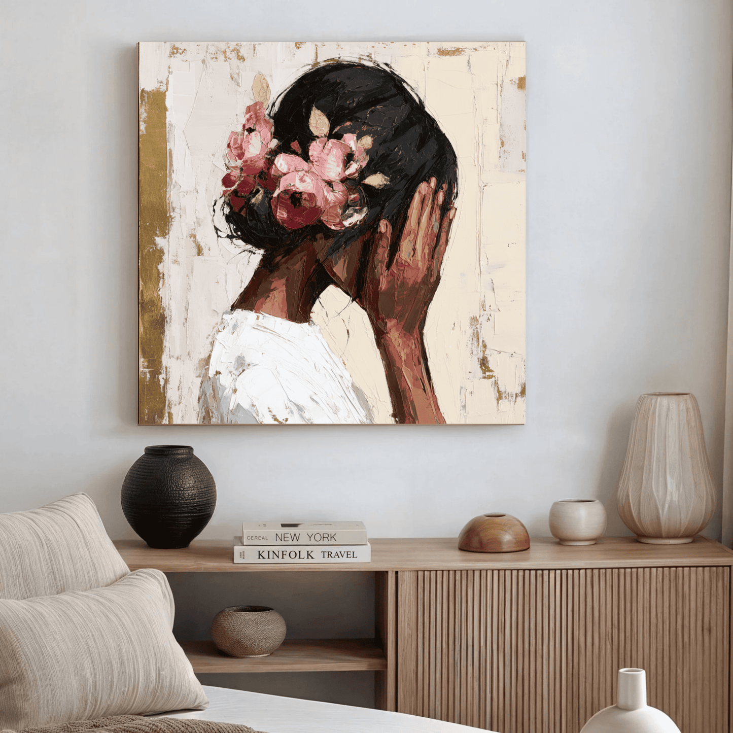 Dark Skin Woman Portrait Art, Elegant Feminine Canvas Print, Modern Textured Wall Art, Contemporary Black Woman Home Decor, Abstract Floral Portrait Artwork