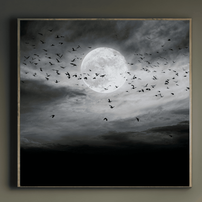 Full Moon Grayscale Wall Art, Dark Night Sky Canvas Print, Black White Moon Poster, Moody Celestial Home Decor, Contemporary Moonlight Artwork