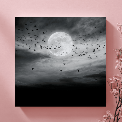 Full Moon Grayscale Wall Art, Dark Night Sky Canvas Print, Black White Moon Poster, Moody Celestial Home Decor, Contemporary Moonlight Artwork