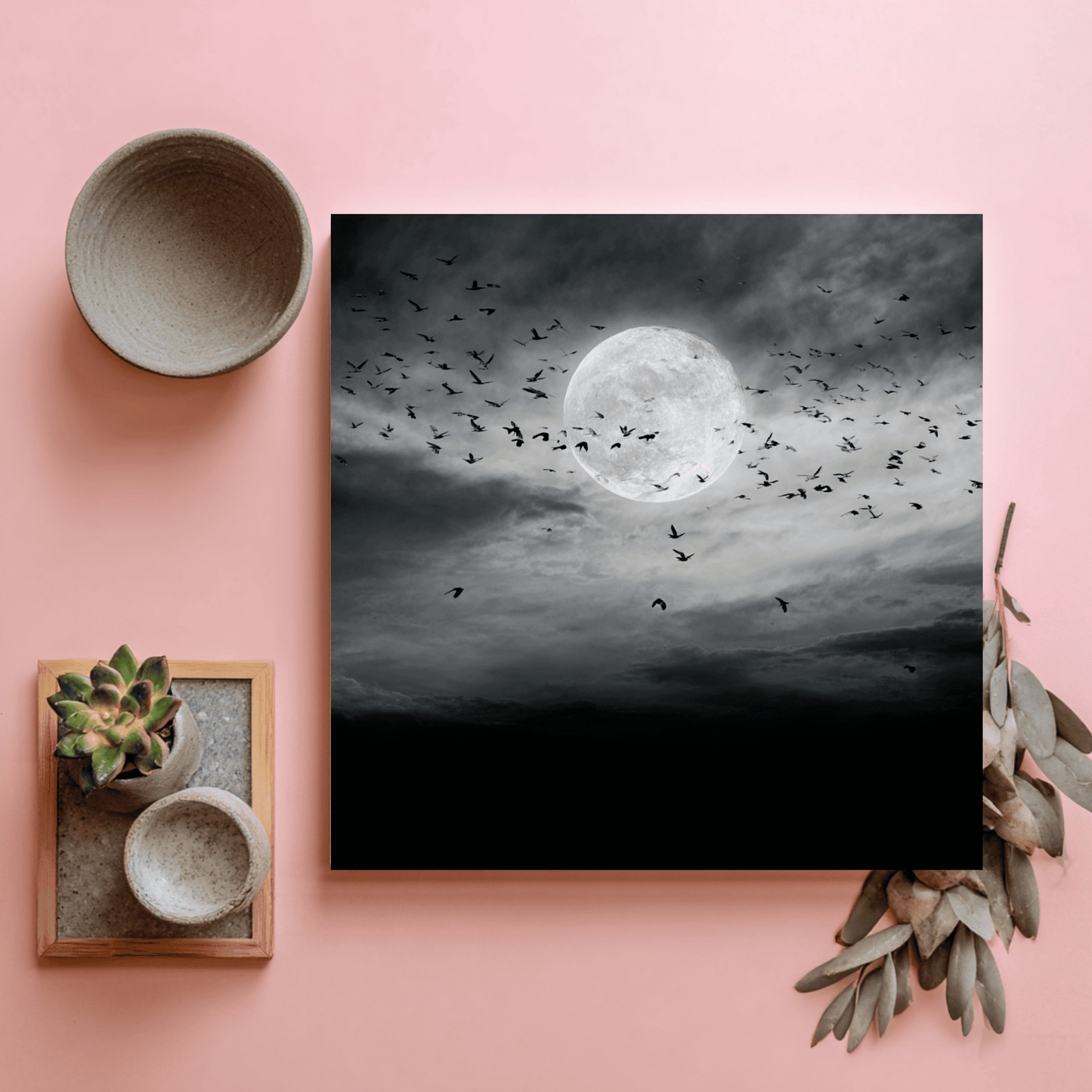 Full Moon Grayscale Wall Art, Dark Night Sky Canvas Print, Black White Moon Poster, Moody Celestial Home Decor, Contemporary Moonlight Artwork