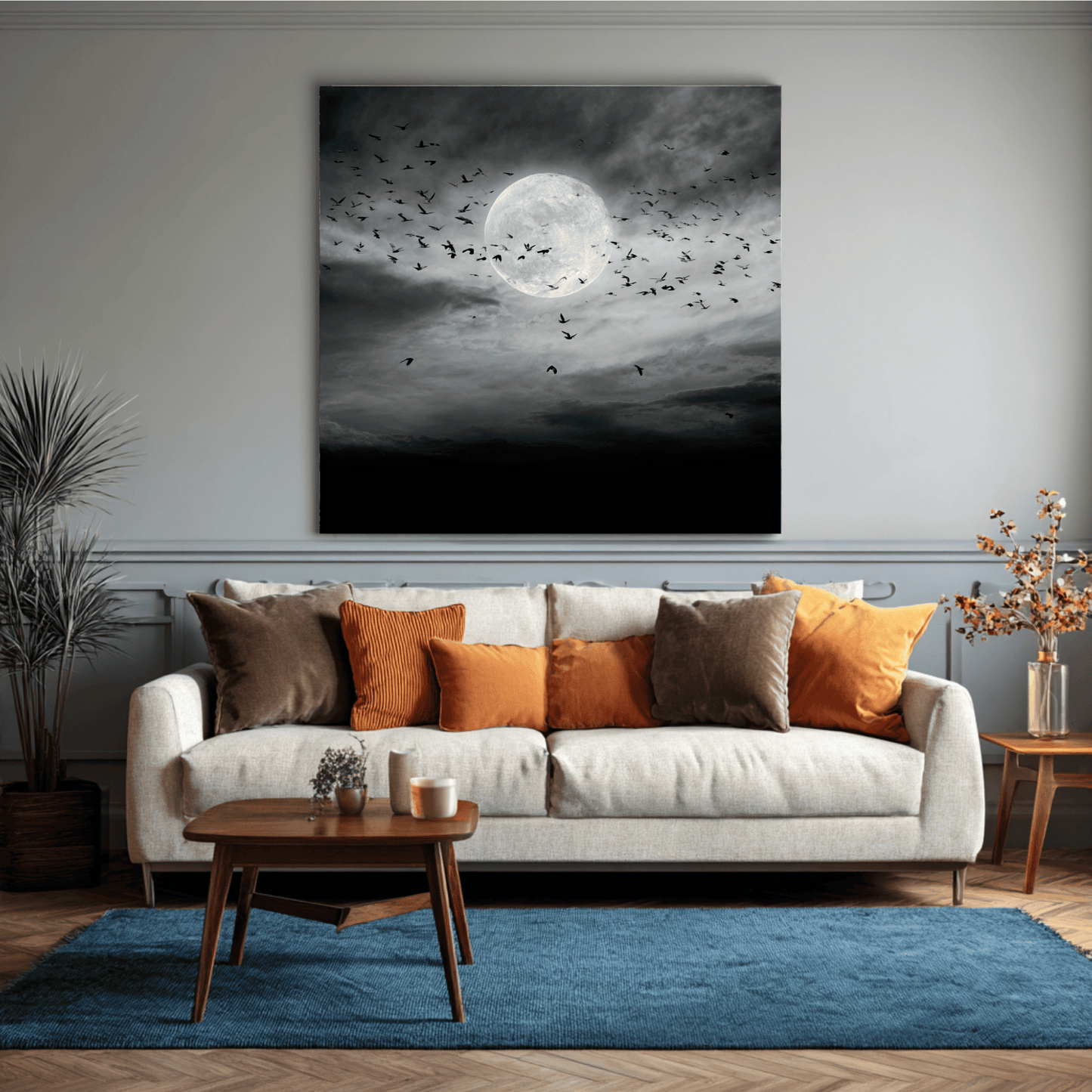 Full Moon Grayscale Wall Art, Dark Night Sky Canvas Print, Black White Moon Poster, Moody Celestial Home Decor, Contemporary Moonlight Artwork
