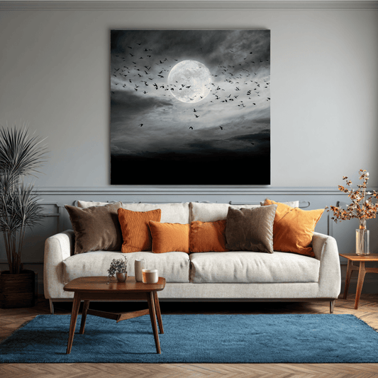 Full Moon Grayscale Wall Art, Dark Night Sky Canvas Print, Black White Moon Poster, Moody Celestial Home Decor, Contemporary Moonlight Artwork