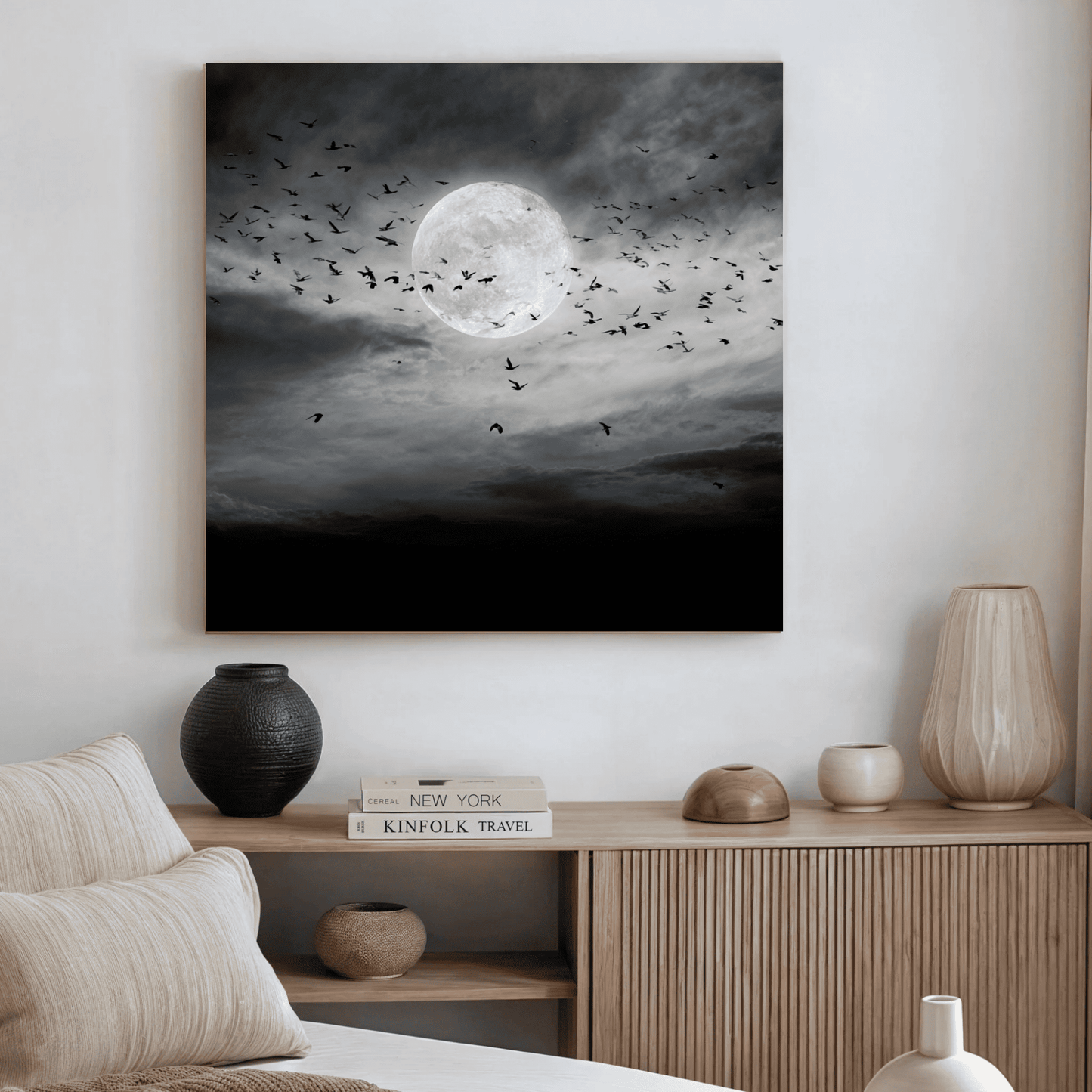Full Moon Grayscale Wall Art, Dark Night Sky Canvas Print, Black White Moon Poster, Moody Celestial Home Decor, Contemporary Moonlight Artwork