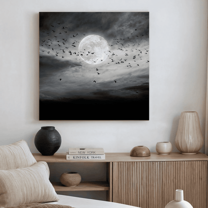 Full Moon Grayscale Wall Art, Dark Night Sky Canvas Print, Black White Moon Poster, Moody Celestial Home Decor, Contemporary Moonlight Artwork