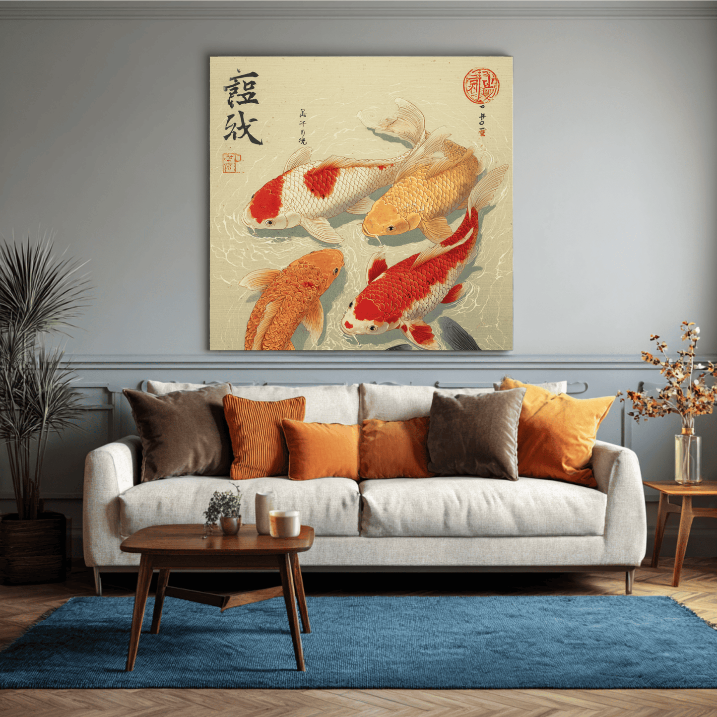 Koi Fish Japanese Style Art, Elegant Asian Wall Decor, Traditional Japanese Inspired Canvas Print, Modern Zen Living Room Poster, Contemporary Home Artwork