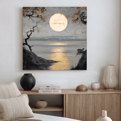 Moonlight Landscape Wall Art, Serene Night Nature Canvas Print, Modern Scenic Poster, Contemporary Moonlight Home Decor, Peaceful Landscape Artwork
